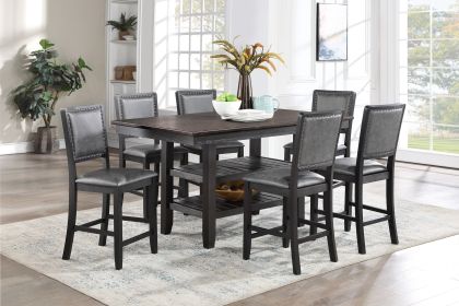 Contemporary Dining Room 7pc Set Grey Finish PU Counter Height Dining Table w Shelf and 6x High Chairs Fabric Upholstered seats Back Counter Height Ch