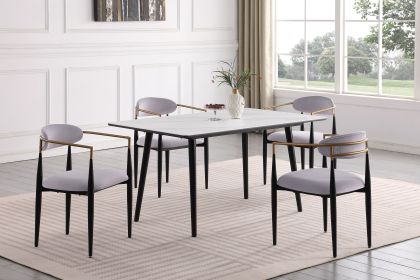 Modern Contemporary 5pc Dining Set White Sintered Stone Table and Gray Chairs Fabric Upholstered Stylish Furniture