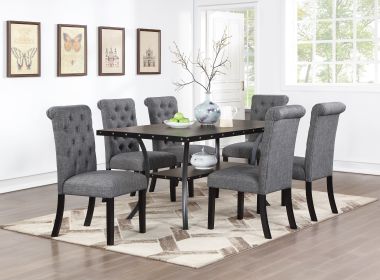 Classic Dining Room Furniture Natural Wooden Rectangle Top Dining Table 6x Side Chairs Charcoal Fabric Tufted Toll Back Top Back Chair Nail heads Trim