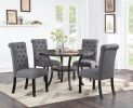 Modern Classic Dining Room Furniture Natural Wood Round Dining Table 4x Side Chairs Charcoal Fabric Tufted Roll Back Top Chair Nail heads Trim Storage