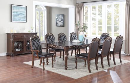 Traditional Brown Finish 9pc Dining Set Table w 2x Arm Chairs 6x Side Chairs Rubber wood Intricate Design Tufted back Cushion Seat Dining Room Furnitu