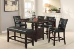 Dining Room Furniture 6pc Counter Height Dining Set Dining Table w Storage 4x High Chairs 1x Bench Black Faux Leather Tufted Seats Faux Marble Table T