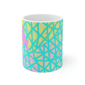 Decorative Ceramic Coffee Mug 15oz, Cyan Blue Lime Green And Pink Pattern