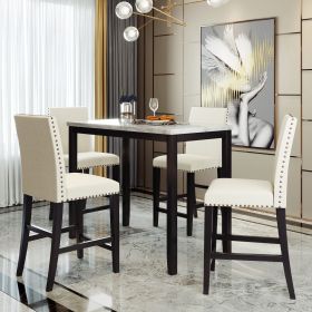 TOPMAX 5 Piece Counter Height Faux Marble Modern Dining Set with Matching Chairs and Marble Veneer for Home, Beige