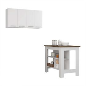 Burlingame 5-Shelf 4-Door 2-piece Kitchen Set, Kitchen Island and Upper Wall Cabinet White and Walnut