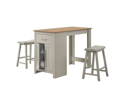 Alonzo Light Gray Small Space Counter Height Dining Table with Cabinet, Drawer, and 2 Ergonomic Counter Stools