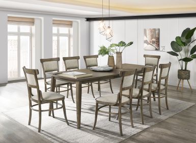 Bistro Vintage Walnut 9 Piece Dining Table with Extension Leaf and Off White Fabric Dining Chairs