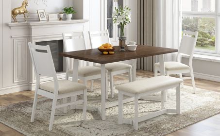 TOPMAX Farmhouse 6-Piece Wood Dining Table Set with 4 Upholstered Chairs and Bench, White