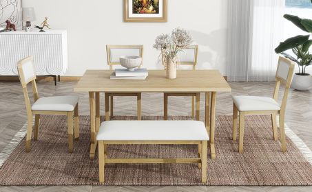 TOPMAX Farmhouse 6-Piece Trestle Dining Table Set with Upholstered Dining Chairs and Bench, 59inch, Brown