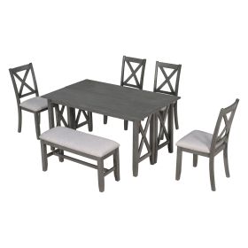 TREXM 6-Piece Family Dining Room Set Solid Wood Space Saving Foldable Table and 4 Chairs with Bench for Dining Room (Gray)