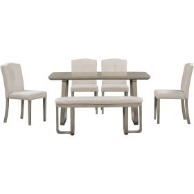 TREXM 6-Piece Retro-Style Dining Set Includes Dining Table, 4 Upholstered Chairs & Bench with Foam-covered Seat Backs&Cushions for Dining Room (Light