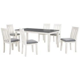 TREXM Retro Style 7-Piece Dining Table Set with Extendable Table and 6 Upholstered Chairs (Gray+White)