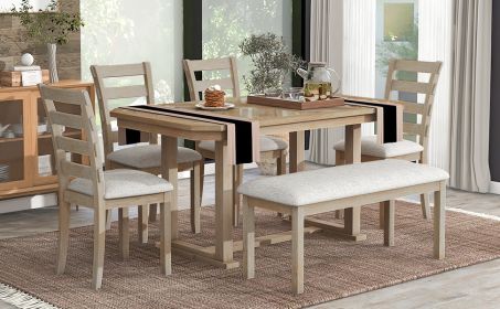 TREXM 6-Piece Rubber Wood Dining Table Set with Beautiful Wood Grain Pattern Tabletop Solid Wood Veneer and Soft Cushion (Natural Wood Wash)