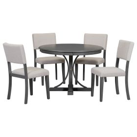 TREXM 5-Piece Retro Round Dining Table Set with Curved Trestle Style Table Legs and 4 Upholstered Chairs for Dining Room (Dark Gray)