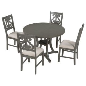 TREXM 5-Piece Round Dining Table and Chair Set with Special-shaped Legs and an Exquisitely Designed Hollow Chair Back for Dining Room (Gray)