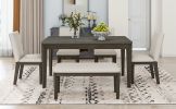 TOPMAX 6-Piece Dining Table Set with Upholstered Dining Chairs and Bench,Farmhouse Style, Tapered Legs, Dark Gray+Beige