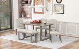 TREXM 6-Piece Retro-Style Dining Set Includes Dining Table, 4 Upholstered Chairs & Bench with Foam-covered Seat Backs&Cushions for Dining Room (Light