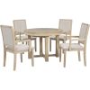 TREXM 5-Piece Dining Table Set, Two-Size Round To Oval Extendable Butterfly Leaf Wood Dining Table and 4 Upholstered Dining Chairs with Armrests (Natu