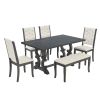 TREXM 6-Piece Retro Dining Set with Unique-designed Table Legs and Foam-covered Seat Backs&Cushions for Dining Room (Antique Grey)