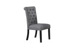 Modern Classic Dining Room Furniture Natural Wood Round Dining Table 4x Side Chairs Charcoal Fabric Tufted Roll Back Top Chair Nail heads Trim Storage