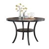 Modern Classic Dining Room Furniture Natural Wood Round Dining Table 4x Side Chairs Charcoal Fabric Tufted Roll Back Top Chair Nail heads Trim Storage