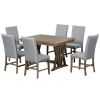 TOPMAX Mid-Century Solid Wood 7-Piece Dining Table Set Extendable Kitchen Table Set with Upholstered Chairs and 12" Leaf for 6, Golden Brown+Gray Cush