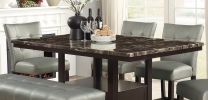 Dining Room Furniture 6pc Counter Height Dining Set Dining Table w Storage 4x High Chairs 1x Bench Silver Faux Leather Tufted Seats Faux Marble Table