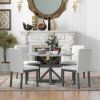 TREXM 5-Piece Farmhouse Style Dining Table Set, Marble Sticker and Cross Bracket Pedestal Dining Table, and 4 Upholstered Chairs (White+Gray)