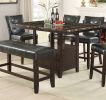 Dining Room Furniture 6pc Counter Height Dining Set Dining Table w Storage 4x High Chairs 1x Bench Black Faux Leather Tufted Seats Faux Marble Table T