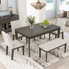 TOPMAX 6-Piece Dining Table Set with Upholstered Dining Chairs and Bench,Farmhouse Style, Tapered Legs, Dark Gray+Beige