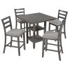 TREXM 5-Piece Wooden Counter Height Dining Set with Padded Chairs and Storage Shelving (Gray)