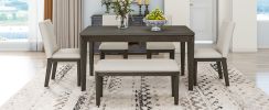 TOPMAX 6-Piece Dining Table Set with Upholstered Dining Chairs and Bench,Farmhouse Style, Tapered Legs, Dark Gray+Beige