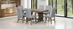 TOPMAX Mid-Century Solid Wood 7-Piece Dining Table Set Extendable Kitchen Table Set with Upholstered Chairs and 12" Leaf for 6, Golden Brown+Gray Cush