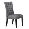 Modern Classic Dining Room Furniture Natural Wood Round Dining Table 4x Side Chairs Charcoal Fabric Tufted Roll Back Top Chair Nail heads Trim Storage