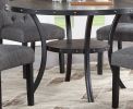 Modern Classic Dining Room Furniture Natural Wood Round Dining Table 4x Side Chairs Charcoal Fabric Tufted Roll Back Top Chair Nail heads Trim Storage