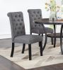 Modern Classic Dining Room Furniture Natural Wood Round Dining Table 4x Side Chairs Charcoal Fabric Tufted Roll Back Top Chair Nail heads Trim Storage