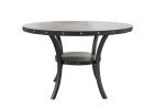 Modern Classic Dining Room Furniture Natural Wood Round Dining Table 4x Side Chairs Charcoal Fabric Tufted Roll Back Top Chair Nail heads Trim Storage