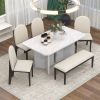 TREXM 6-Piece Modern Style Dining Set with Faux Marble Table and 4 Upholstered Dining Chairs & 1 Bench (White)