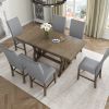 TOPMAX Mid-Century Solid Wood 7-Piece Dining Table Set Extendable Kitchen Table Set with Upholstered Chairs and 12" Leaf for 6, Golden Brown+Gray Cush