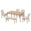 TOPMAX 6-Piece Dining Table Set with Upholstered Dining Chairs and Bench,Farmhouse Style, Tapered Legs, Natural+Beige