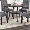 Modern Classic Dining Room Furniture Natural Wood Round Dining Table 4x Side Chairs Charcoal Fabric Tufted Roll Back Top Chair Nail heads Trim Storage