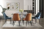 Modern Sleek Design 7pc Dining Set Table and 6x Side Chairs Blue Orange Gray Velvet Upholstered Metal Frame Stylish Dining Furniture