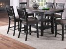 Transitional Dining Room 7pc Set Dark Coffee Rubberwood Counter Height Dining Table w 2x Shelfs and 6x High Chairs Fabric Upholstered seats Unique Bac