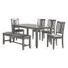 Dining Room Furniture Gray Color 6pc Set Dining Table 4x Side Chairs and A Bench Solid wood Rubberwood and veneers