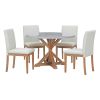 TREXM 5-Piece Farmhouse Style Dining Table Set, Marble Sticker and Cross Bracket Pedestal Dining Table, and 4 Upholstered Chairs (White+Walnut)