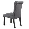 Modern Classic Dining Room Furniture Natural Wood Round Dining Table 4x Side Chairs Charcoal Fabric Tufted Roll Back Top Chair Nail heads Trim Storage